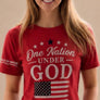Red Light weight high quality T-shirt with 'One Nation Under God' text and American flag design on an exclusive design by Roxane.