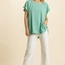 Linen Blend Top - Emerald - Short Sleeve Floral Animal Mixed Print Back