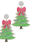Green Glitter Christmas Tree Earrings with Red Bow – Festive Holiday Statement Jewelry