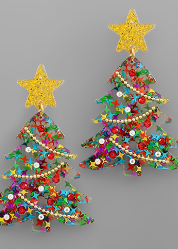 Festive Glitter Christmas Tree Earrings with Star Stud – Holiday Statement Jewelry