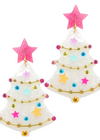 White Christmas Tree Earrings with Pink Glitter Star – Festive Holiday Statement Jewelry