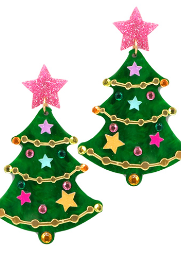 Green Christmas Tree Earrings with Pink Glitter Star – Colorful Holiday Statement Earrings