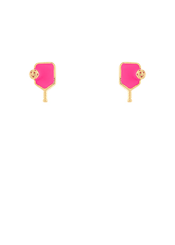 Hot Pink Pickleball Paddle Stud Earrings with Gold Accent – Sporty Chic Pickleball Jewelry
