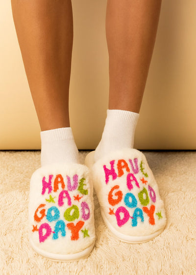 Have a Good Day Fuzzy Slippers – Cozy, Colorful & Feel Good