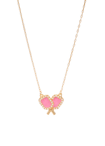 Pink Enamel Pickleball Necklace with Gold Outline – Elegant Pickleball Paddle Pendant Jewelry
