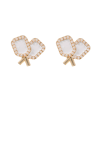 White Pearl & Enamel Crossed Pickleball Paddle Earrings