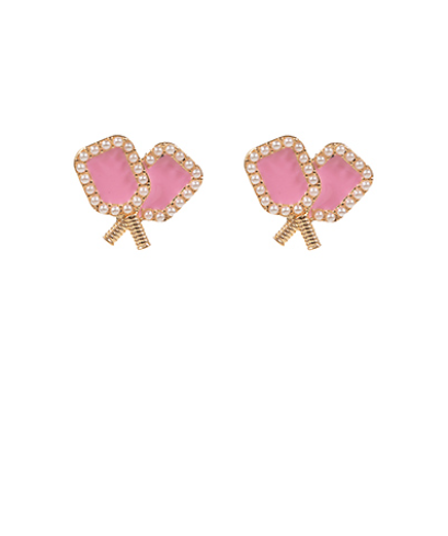Pink Pearl & Enamel Crossed Pickleball Paddle Earrings