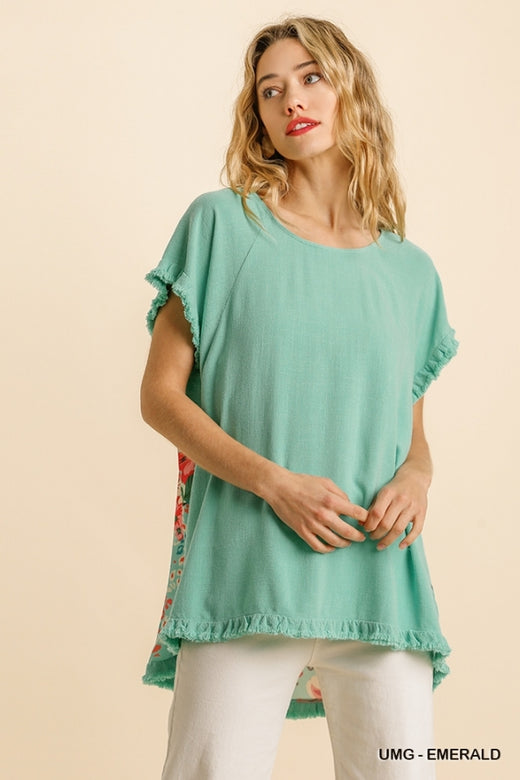 Linen Blend Top - Emerald - Short Sleeve Floral Animal Mixed Print Back